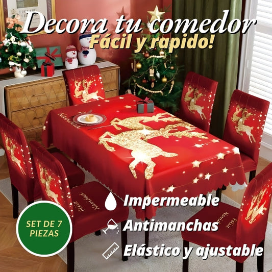 SET COMEDOR NAVIDEÑO 7 PIEZAS: 1 MANTEL + 6 FUNDAS PARA SILLA